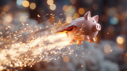 Naklejka na ściany i meble Pink piggy bank with rocket wings flying fast through sparks. Concept of rapid savings growth, fast money, or quick financial success.