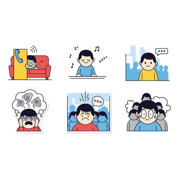 Collection of illustrations depicting various emotions and social situations faced by individuals