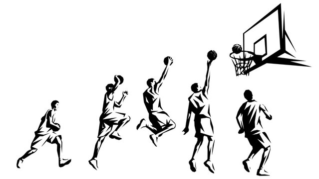 Geometric polygonal silhouette sequence of a basketball player performing a layup. Abstract vector illustration.
