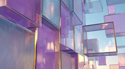 Abstract background design with transparent glass boxes floating. Geometric shapes and pastel colors. Modern digital artwork for web.