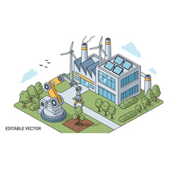 Fototapeta premium Isometric view of a modern factory with robotic arm and solar panels, showcasing industrial automation and renewable energy