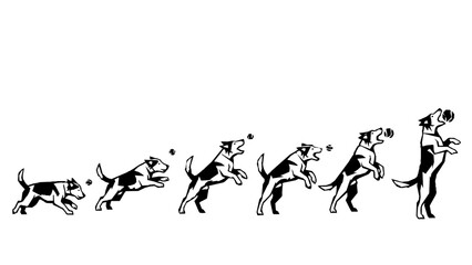 Geometric polygonal silhouette sequence of a dog catching a ball. Abstract vector illustration.
