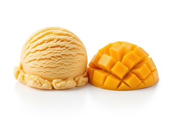 Single scoop of yellow flavored frozen dessert rests beside perfectly diced tropical fruit half