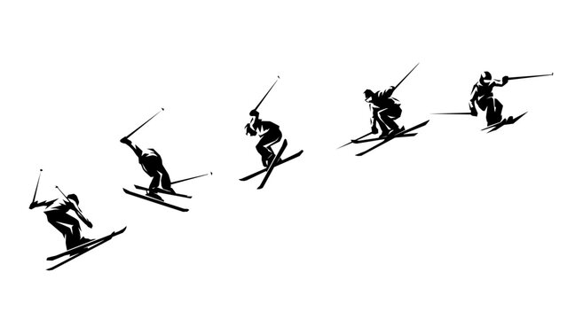 Geometric polygonal silhouette sequence of a skier jumping. Abstract vector illustration.
