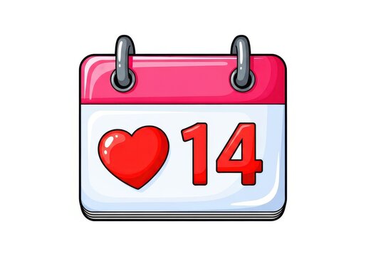 Tear off desk calendar displays a bright red heart icon and the number fourteen prominently on a white page with a pink header
