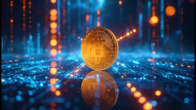 Bitcoin Cryptocurrency Coin Floating in Digital Network