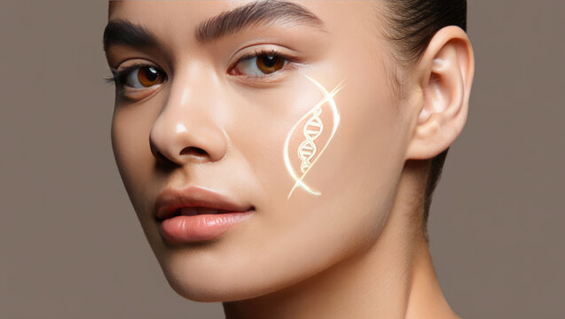 Young woman's face with DNA helix hologram on cheek, biotechnology and genetics concept, skincare and beauty innovation, suitable for cosmetic science and dermatology marketing, rejuvenation