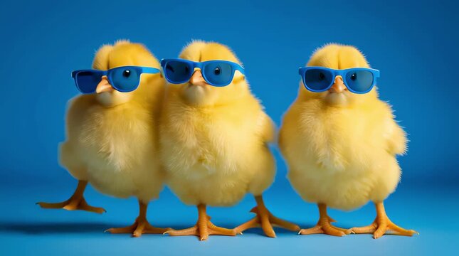 Three yellow chicks stand in a row on a bright blue background and wear blue sunglasses. A fun spring and Easter concept.	