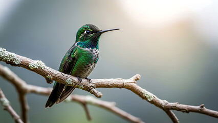 Obraz premium Green hummingbird perched on a lichen-covered branch
