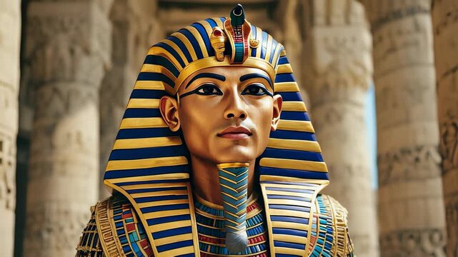 Intricate Detail of Ancient Egyptian Pharaoh's Mask: Gold, Lapis Lazuli, and Symbolic Royal Power in a Monumental Setting.