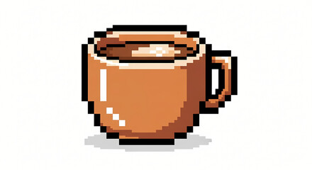 Vibrant pixel art illustration of a brown ceramic coffee mug filled with a hot beverage, isolated on a clean white background, perfect for retro gaming themes.