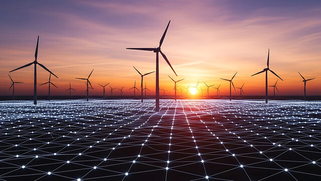 Wind turbines at sunset over digital network grid energy