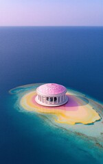 Fototapeta premium Pink circular pavilion floats over turquoise sea, sandy path leads to its base.