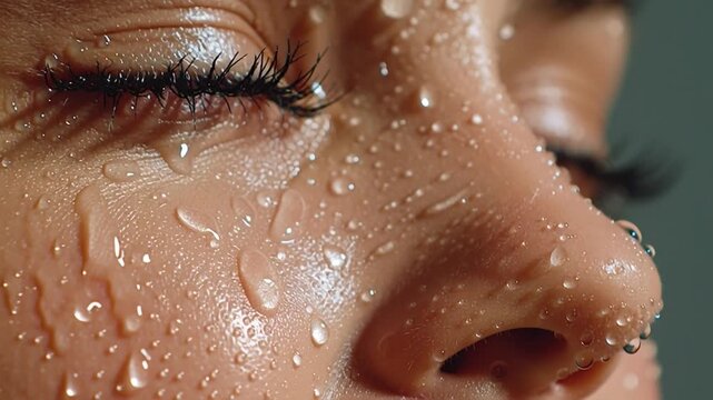 Cool Refreshment: A close-up shot of an individual's face, exquisitely adorned with droplets of water. The glistening beads reflect light, creating a serene and invigorating atmosphere.