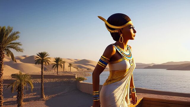 Ancient Egyptian Queen Contemplating a Desert Landscape, Royal Portrait, Golden Jewelry, Majestic Pose, Historical Scene.