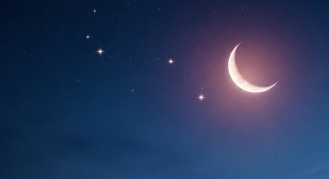 Ramadan night sky background with crescent moon and stars, deep blue tone, dreamy lighting, minimalist composition