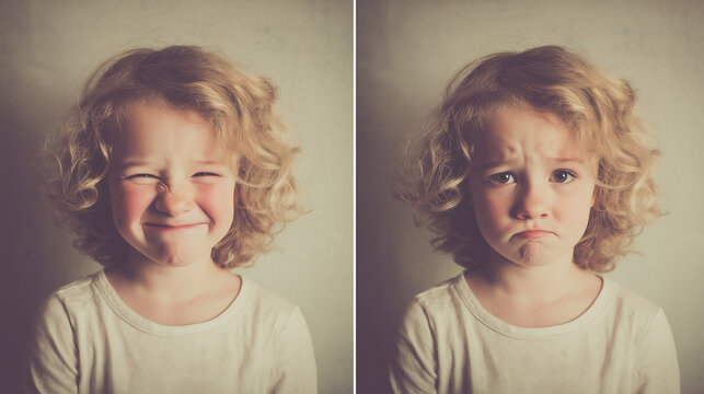 Split layout portrait of a young girl with curly hair, showing a joyful squinting smile on the left and a sad, pouting expression on the right.