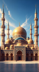 Obraz premium Majestic Golden Mosque Architecture under a Clear Blue Sky, a Symbol of Islamic Heritage and Grandeur