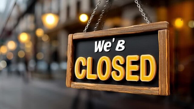 Shop Closure: A We're Closed sign hangs prominently, conveying a message of unavailability, absence, and temporary halting of business operations.
