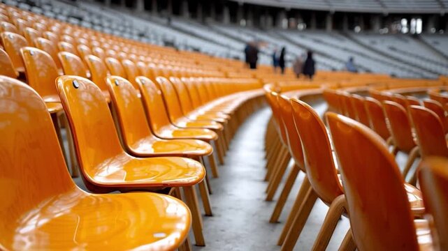 Empty Stadium Seats: An expansive view of a stadium filled with rows of orange seats, creating a sense of anticipation and the calm before a grand event. 