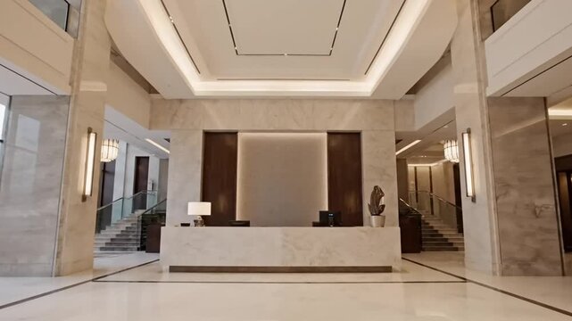 Modern Hotel Lobby Reception Hall With Bright Marble Surfaces.