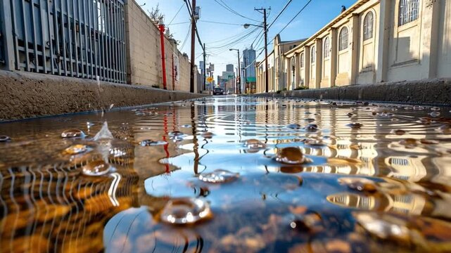 Urban Reflection: A captivating perspective of a city street after rainfall, with water pooling on the asphalt surface. Capturing the interplay of natural and urban elements.