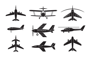 Different types of aircraft and aviation vehicles including airplanes helicopters and biplane for flight industry © Mukti