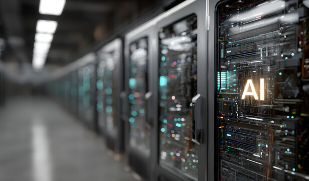 AI infrastructure. Servers in data center. Equipment for artificial intelligence. AI logo near computer equipment. Infrastructure for neural networks concept. AI technologies. 3d image
