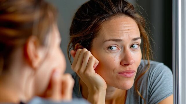 Introspection in the Mirror: A woman gazes into a mirror, lost in thought, her expression a mix of curiosity and self-reflection. The image captures a moment of deep contemplation and introspection.