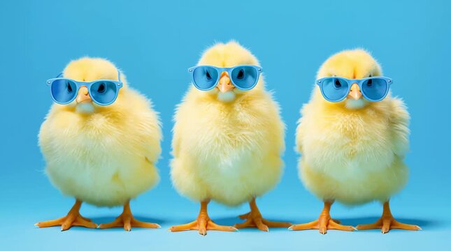 Three yellow chicks stand in a row on a bright blue background and wear blue sunglasses. A fun spring and Easter concept.	