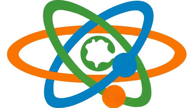 Abstract atom icon with orbital rings representing science and innovation