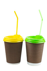 Pair plastic cups with straw of coffee isolated on white background