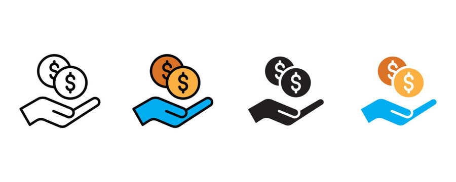 Hand holding dollar coins icon vector. Cashback reward and financial savings banking symbol. Vector illustration.