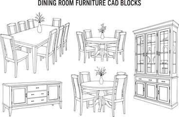 Obraz premium Detailed CAD drawings showcase various dining room furniture designs, presenting a selection of tables, chairs, and a sideboard.