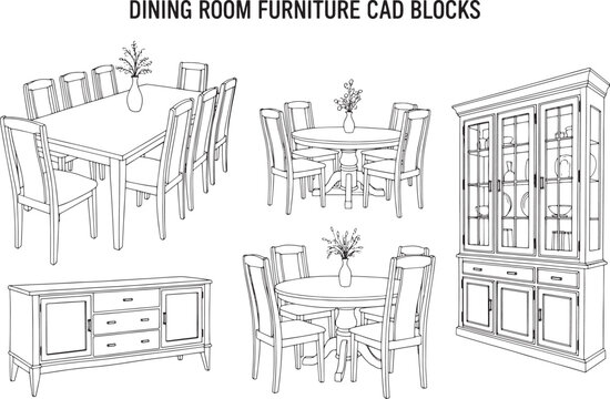 Detailed CAD drawings showcase various dining room furniture designs, presenting a selection of tables, chairs, and a sideboard.