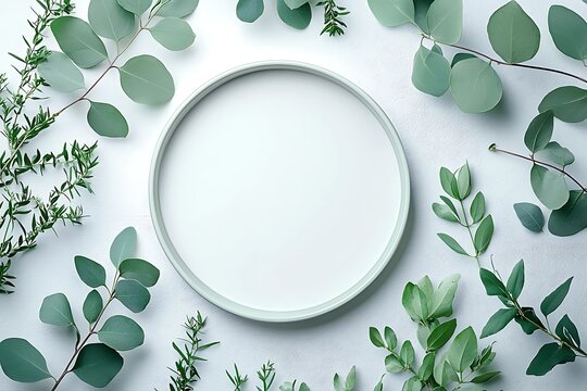Eucalyptus and Plate: A minimalist composition showcasing a pristine plate, embraced by the refreshing elegance of eucalyptus branches, creating a harmonious blend of nature and simplicity.