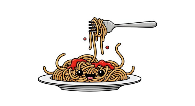 Cute cartoon spaghetti with fork and tomato sauce on white background