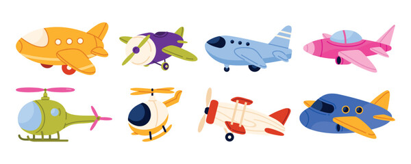 Obraz na płótnie Canvas Colorful cartoon airplanes and helicopters for kids aviation design, cute toy aircraft collection for children posters, games, and educational transport graphics, isolated on white background vector