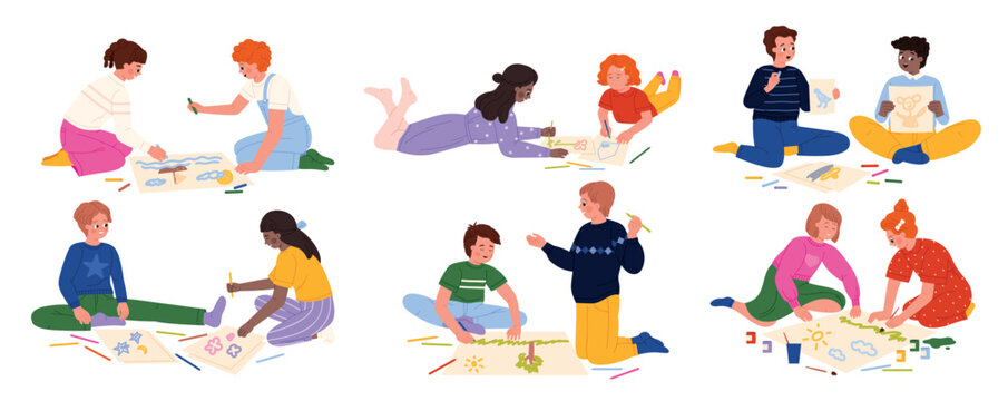 Happy kids painting on floor, drawing pictures with pencils and markers, group children art class, teamwork creativity and learning, kids painting set isolated on white background vector illustration