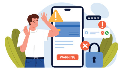 Fototapeta na wymiar Man reacts to mobile scam alert on smartphone screen with warning signs, password, and lock icons, highlighting risks of phishing, hacking, and data theft vector illustration