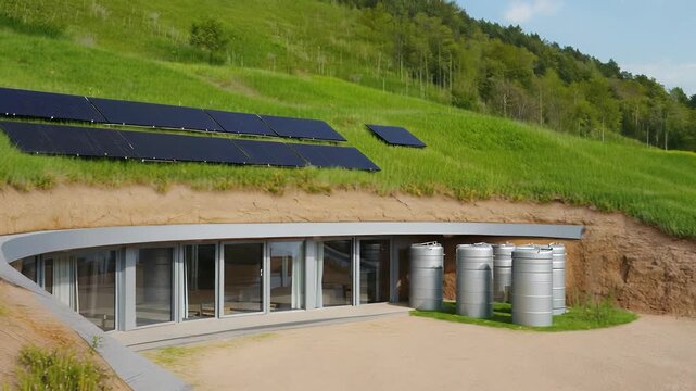 Modern Sustainable Home Architecture with Green Roof and Large Windows, Eco-Friendly Design Concept, Minimalist Living Space.