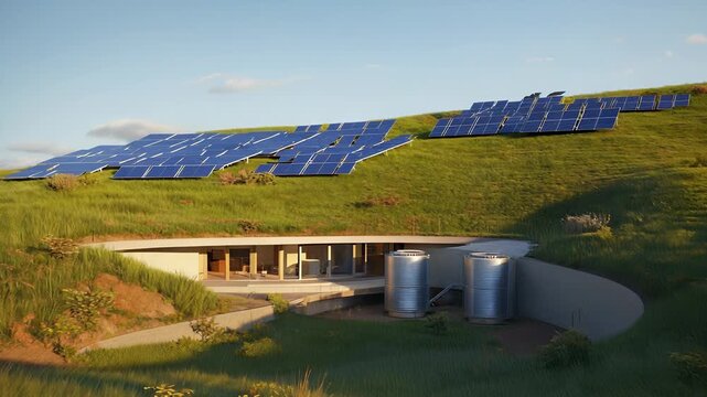 Modern Sustainable Home with Solar Panels and Rainwater Harvesting System Integrated into Green Landscape Architecture.