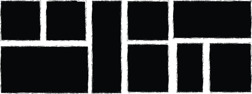 Set of grunge jagged rectangle shape. Black grunge rectangle. Paint brush grunge border frame.