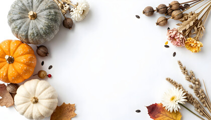 Obraz premium Autumn harvest arrangement with pumpkins, dried flowers, wheat, and leaves on white background