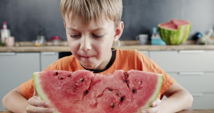 Boy bends close biting massive watermelon slice while hands hold rind tight on table. Child chews red pulp tearing off chunk as teeth leave fresh marks near seeds