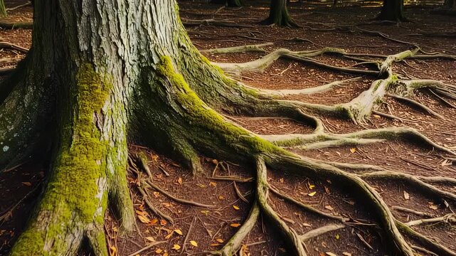 Ancient Tree Root System Visible Above Forest Floor, Detailed Close-Up of Exposed Roots and Soil Texture.