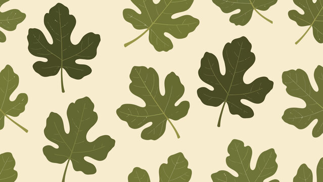 Seamless Pattern of Green Fig Leaves on Cream Background