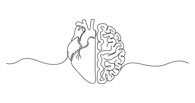 Continuous line art of human heart and brain fusion symbolizing emotion and logic. No editable stroke