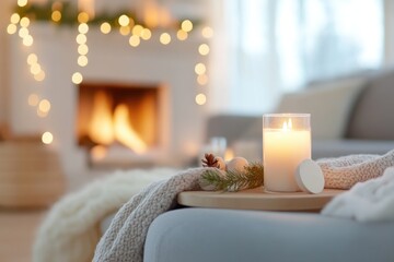 Fototapeta premium Cozy winter living room with candlelit ambiance and festive holiday decor