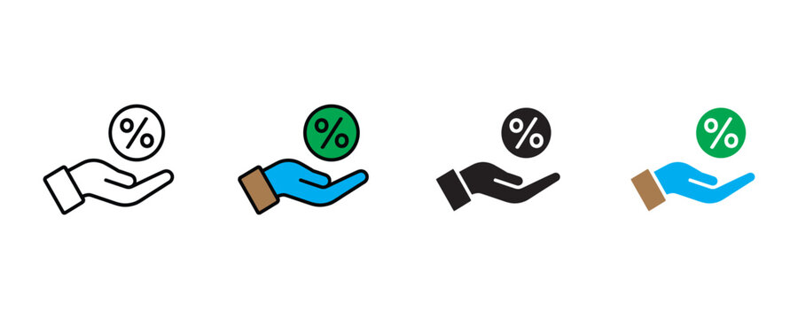 Discount offer and percentage commission icon vector. Hand holding percent coin banking symbol. Vector illustration.